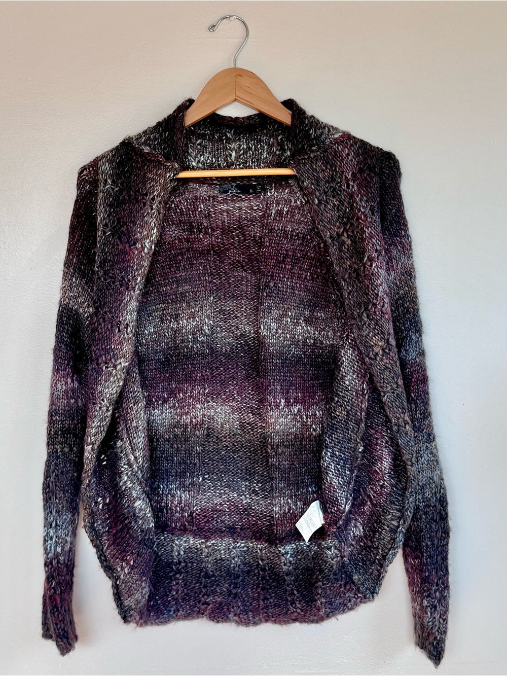 Prana Wool Blend Chunky Knit Cocoon Wrap in Earthy Browns & Sky Blue Weave - S